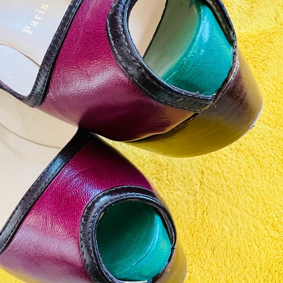 Christian Louboutin Platform Heels size 35.5  Burgandy/ green/ Tan leather - Picture 4 of 6